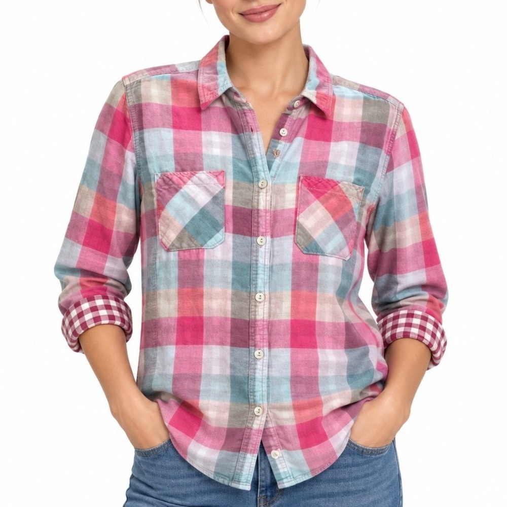 Woolrich Plaid Shirt Women Large Pink Teal Roll Tab Sleeve Button Down 5760
